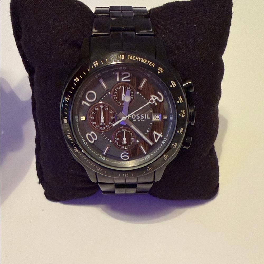 Fossil Black Stainless Steel Chronograph Watch with Dark Dial and Black Bracelet
